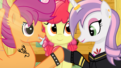 Size: 1920x1080 | Tagged: safe, artist:sallyso, apple bloom, scootaloo, sweetie belle, pegasus, pony, unicorn, g4, alternate hairstyle, clothes, cutie mark crusaders, ear piercing, earring, eye scar, eyebrow piercing, eyeshadow, female, grin, hoodie, hoofbump, horn, horn ring, jewelry, lip piercing, lipstick, makeup, male, mare, older, older apple bloom, older cmc, older scootaloo, older sweetie belle, piercing, raised hoof, ring, rule 63, scar, scooteroll, smiling, spiked wristband, stallion, stubble, tattoo, trans male, transgender, unshorn fetlocks, wristband