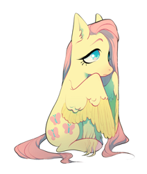 Size: 1064x1252 | Tagged: safe, artist:almost-casey, fluttershy, pegasus, pony, g4, ear fluff, female, mare, simple background, sitting, solo, spread wings, unshorn fetlocks, white background, wings