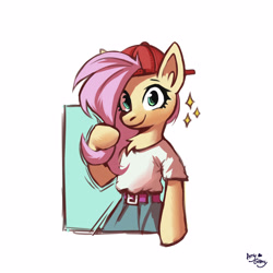 Size: 2500x2500 | Tagged: safe, artist:ami-gami, fluttershy, pony, g4, 90s grunge fluttershy, backwards ballcap, baseball cap, bipedal, cap, chest fluff, clothes, female, gameloft interpretation, hat, high res, looking at you, mare, solo