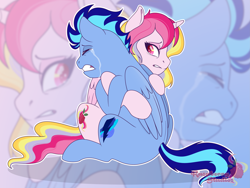 Size: 4569x3430 | Tagged: safe, artist:raspberrystudios, oc, oc only, oc:aurelia charm, oc:jet stream, alicorn, pegasus, pony, alicorn oc, auream, best friends, crying, eyes closed, folded wings, gift art, horn, hug, pegasus oc, sad, wings, zoom layer