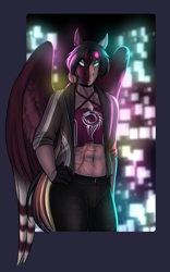 Size: 2323x3732 | Tagged: safe, artist:blackblood-queen, oc, oc only, oc:daniel dasher, dracony, dragon, hybrid, pegasus, anthro, abs, anthro oc, belly button, clothes, digital art, goggles, hand in pocket, high res, lichtenberg figure, lichtenberg scar, male, pegasus oc, scar, solo, stallion, tank top, wings