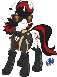 Size: 874x1162 | Tagged: safe, artist:brainiac, derpibooru exclusive, oc, oc only, oc:blackjack, cyborg, pony, unicorn, fallout equestria, fallout equestria: project horizons, amputee, bottomless, clothes, collar, cybernetic legs, cybernetic pony, fanfic art, jacket, partial nudity, simple background, solo, sunglasses, transparent background