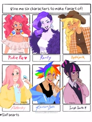 Size: 1536x2048 | Tagged: safe, artist:tarchiiin, applejack, fluttershy, pinkie pie, rainbow dash, rarity, twilight sparkle, butterfly, human, g4, :d, bust, choker, clothes, dark skin, devil horn (gesture), ear piercing, female, hat, humanized, jacket, lipstick, mane six, nail polish, one eye closed, open mouth, piercing, six fanarts, smiling, straw in mouth, thinking, wink