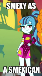 Size: 340x616 | Tagged: safe, edit, edited screencap, screencap, sonata dusk, equestria girls, equestria girls series, g4, sunset's backstage pass!, spoiler:eqg series (season 2), caption, clothes, cropped, dress, female, food, hand on hip, image macro, looking at you, minidress, ponytail, smiling, solo focus, taco, taco dress, text