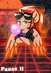 Size: 900x1280 | Tagged: safe, artist:tranzmuteproductions, oc, oc only, oc:starry flame, alicorn, pony, alicorn oc, chewing gum, clothes, crossed arms, horn, solo, sunglasses, synthwave, wings