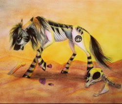 Size: 3406x2892 | Tagged: safe, artist:cahandariella, oc, oc only, pony, zebra, bone, concave belly, desert, dying, emaciated, fanfic art, high res, ribs, skinny, skull, solo, starvation, starving, sunset, thin, traditional art, zebra oc