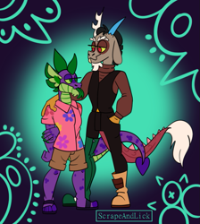 Size: 777x869 | Tagged: safe, artist:mrraapeti, artist:scrapeandlick, discord, spike, anthro, g4, clothes, gay, hand on shoulder, hawaiian shirt, height difference, male, ship:dispike, shipping, shirt, tongue out