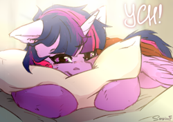 Size: 3508x2480 | Tagged: safe, artist:sinrinf, twilight sparkle, alicorn, pony, g4, blushing, commission, commission open, female, happy, high res, morning, morning ponies, pillow, solo, twilight sparkle (alicorn), ych example, your character here