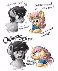Size: 4518x5522 | Tagged: safe, artist:rigbyh00ves, oc, oc only, earth pony, pony, unicorn, accent, angry, coffee, dialogue, funetik aksent, mug
