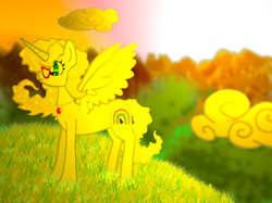 Size: 1890x1417 | Tagged: safe, artist:khough, oc, oc only, oc:bonniecorn, alicorn, pony, alicorn oc, cloud, horn, queen, solo, sunset, wings