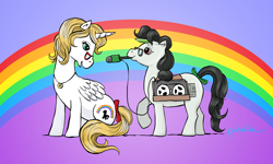 Size: 3166x1894 | Tagged: safe, artist:everfreenw, artist:pedantia, oc, oc only, oc:bonniecorn, oc:front page, alicorn, pony, alicorn oc, bonnie zacherle, everfree northwest, horn, interview, microphone, rainbow, tape recorder, wings