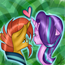 Size: 600x600 | Tagged: safe, artist:petalpawpaint, starlight glimmer, sunburst, pony, unicorn, g4, abstract background, bust, female, heart, kissy face, looking at each other, male, ship:starburst, shipping, signature, straight