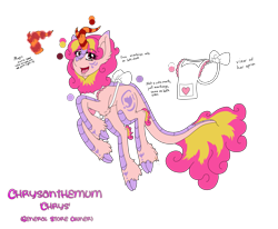 Size: 3455x2850 | Tagged: safe, artist:midnightfire1222, oc, oc only, oc:chrysanthemum, kirin, apron, clothes, female, hickory hills, high res, magic, magic aura, mare, reference sheet, simple background, solo, transparent background