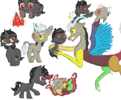 Size: 597x491 | Tagged: safe, artist:poisonyew, discord, king sombra, draconequus, pony, unicorn, g4, colt, colt sombra, crystal, eyes closed, levitation, magic, male, pony discord, simple background, sleeping, telekinesis, white background, younger