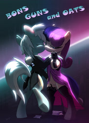 Size: 1666x2292 | Tagged: safe, artist:xbi, bon bon, lyra heartstrings, sweetie drops, earth pony, pony, unicorn, g4, abstract background, bipedal, clothes, dancing, dress, ergonomics, evening dress, female, food, gun, gun barrel, kissing, lesbian, looking at you, mare, married couple, married couples doing married things, married life, oats, poster parody, secret agent sweetie drops, ship:lyrabon, shipping, socks, tabun art-battle finished after, tailcoat, text, weapon