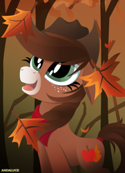 Size: 1500x2068 | Tagged: safe, artist:andaluce, oc, oc only, oc:autumn harvest, earth pony, pony, autumn, clothes, forest, freckles, hat, leaves, scarf, solo