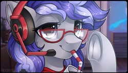 Size: 1973x1121 | Tagged: safe, artist:trickate, oc, oc only, oc:cinnabyte, earth pony, pony, adorkable, cinnabetes, cute, dork, drinking, earth pony oc, frog (hoof), gaming headset, glasses, headphones, headset, pigtails, smiling, solo, underhoof, window