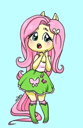 Size: 1094x1691 | Tagged: safe, artist:ameliacostanza, fluttershy, equestria girls, g4, blue background, blushing, breasts, busty fluttershy, chibi, cleavage, cute, female, open mouth, ponied up, shyabetes, signature, simple background, solo