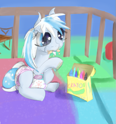 Size: 471x504 | Tagged: safe, artist:auntiefrost, oc, oc only, oc:snow frost, earth pony, pony, baby, baby pony, ball, chair, chewing, crayon, crib, diaper, eating, female, filly, foal, poofy diaper, solo