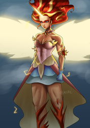 Size: 2480x3508 | Tagged: safe, artist:nire, sunset shimmer, equestria girls, g4, artificial wings, augmented, badass, boots, breasts, cleavage, clothes, curvy, cutie mark accessory, daydream shimmer, dress, electricity, eyeshadow, female, flowing hair, high res, horn, jewelry, lipstick, magic, magic horn, magic wings, makeup, muscles, muscular female, necklace, shoes, solo, sunset lifter, wings