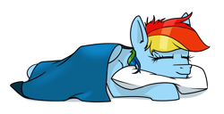 Size: 1500x768 | Tagged: safe, artist:dacaoo, rainbow dash, pegasus, pony, g4, blanket, eyes closed, female, hug, pillow, pillow hug, simple background, sleeping, solo, white background