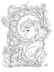 Size: 2953x3898 | Tagged: safe, artist:sourcherry, oc, oc only, oc:littlepip, pony, unicorn, fallout equestria, apollonian gasket, clothes, flower, freckles, high res, jumpsuit, modern art, nouveau, skull, solo, wip