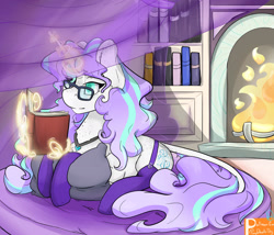 Size: 2000x1713 | Tagged: safe, artist:daniefox, oc, oc only, oc:harmony bell, pony, unicorn, book, clothes, female, fireplace, garter belt, garters, glasses, lying down, magic, mare, prone, solo, stockings, thigh highs