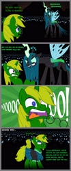 Size: 1600x3847 | Tagged: safe, artist:evilfrenzy, queen chrysalis, oc, changeling, changeling queen, pony, unicorn, g4, clothes, comic, cross-popping veins, crossdressing, female, glasses, humiliation, leaves, male, mare, school uniform, show accurate, stallion, sweat, sweatdrop