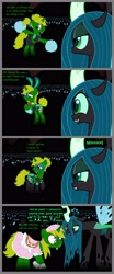 Size: 1600x3847 | Tagged: safe, artist:evilfrenzy, queen chrysalis, oc, changeling, changeling queen, pony, unicorn, g4, alternate hairstyle, bridle, bunny suit, cheerleader outfit, clothes, comic, crossdressing, cuffs (clothes), dress, eyes closed, female, glasses, headdress, leaves, leotard, lidded eyes, lipstick, male, mare, panties, saddle, show accurate, stallion, stockings, tack, thigh highs, thong, underwear