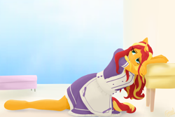 Size: 3840x2560 | Tagged: safe, artist:alicorn-without-horn, sunset shimmer, unicorn, anthro, unguligrade anthro, g4, alternate hairstyle, chair, clothes, female, high res, leaning, maid, room, sky, solo