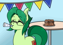Size: 560x399 | Tagged: safe, artist:appelknekten, oc, oc only, oc:appel, earth pony, pony, animated, birthday, birthday cake, cake, eyebrows, eyebrows visible through hair, eyes closed, food, gif, glasses, happy, male, party, party horn, solo, stallion