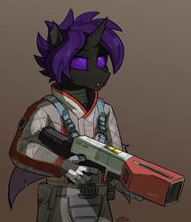Size: 1722x2000 | Tagged: safe, artist:kotya, oc, oc only, oc:tabmor, changeling, anthro, fallout equestria, changeling oc, clothes, costume, fallout, fallout 4, fangs, gloves, gun, horn, purple changeling, scientist, simple background, solo, the institute, weapon, wings