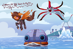 Size: 4500x3000 | Tagged: safe, artist:dsp2003, oc, oc only, oc:souplish, pegasus, pony, angry video game nerd, breaking the laws of physics, chase, cloud, comic, commission, crossover, feather, flying, fuck physics, hair over eyes, island, loss (meme), male, monster, ocean, open mouth, reaper leviathan, scared, signature, single panel, solo, stallion, subnautica, talking, this will end in death, this will end in tears, this will end in tears and/or death, video game crossover, video game physics, water, wetsuit