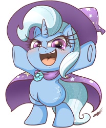 Size: 950x1150 | Tagged: safe, artist:phoenixrk49, trixie, pony, unicorn, belly button, bipedal, brooch, cape, chibi, clothes, cute, female, hat, jewelry, mare, miniponi, open mouth, simple background, trixie's brooch, trixie's cape, trixie's hat, weapons-grade cute, white background