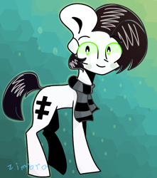 Size: 678x768 | Tagged: safe, artist:scribbles151, oc, oc only, earth pony, pony, clothes, earth pony oc, green eyes, looking at you, male, marelyn manson, marilyn manson, scarf, simple background, solo, stallion, white coat