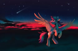 Size: 2048x1336 | Tagged: safe, artist:dearmary, oc, oc only, oc:sierra nightingale, pegasus, pony, flying, shooting star, smiling, solo, spread wings, twilight (astronomy), wings