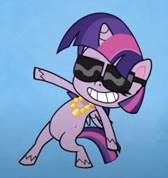 Size: 440x466 | Tagged: safe, screencap, twilight sparkle, alicorn, pony, g4.5, my little pony: pony life, sportacular spectacular musical musak-ular, bipedal, cropped, dancing, female, jewelry, necklace, pose, smiling, solo, sunglasses, twilight sparkle (alicorn), we shine brighter together