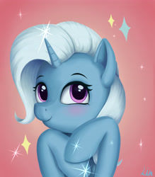Size: 4133x4724 | Tagged: safe, artist:lin feng, trixie, pony, unicorn, a horse shoe-in, g4, cute, diatrixes, female, red background, scene interpretation, simple background, solo, sparkles