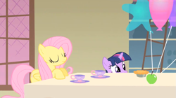 Size: 1041x585 | Tagged: safe, screencap, fluttershy, twilight sparkle, pony, unicorn, a bird in the hoof, g4, season 1, balloon, eyes closed, food, peeking, pie, soon, tea, unicorn twilight