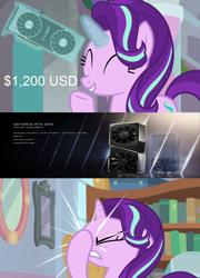 Size: 1920x2670 | Tagged: safe, edit, edited screencap, screencap, starlight glimmer, pony, unicorn, a horse shoe-in, g4, facehoof, female, graphics card, happy, meme, nvidia, rtx, text, this didn't age well