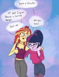 Size: 1024x1326 | Tagged: dead source, safe, artist:pettypop, sci-twi, sunset shimmer, twilight sparkle, equestria girls, g4, blushing, clothes, drunk, drunk twilight, drunker shimmer, duo, female, glasses, jeans, lesbian, pants, ship:sci-twishimmer, ship:sunsetsparkle, shipping, sweater