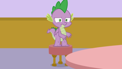 Size: 1366x768 | Tagged: safe, artist:agrol, spike, dragon, let's start the game, g4, male, pouting, solo, spike is not amused, stool, unamused, winged spike, wings