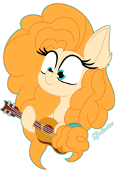 Size: 1400x2016 | Tagged: safe, artist:puperhamster, pear butter, earth pony, pony, g4, bust, ear fluff, female, guitar, mare, musical instrument, simple background, solo, transparent background