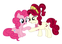 Size: 1970x1416 | Tagged: safe, artist:third uncle, cherry jubilee, pinkie pie, earth pony, pony, g4, party pooped, bandana, cherry, duo, duo female, female, food, mare, pose, simple background, sitting, transparent background