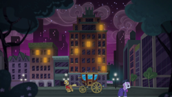 Size: 1920x1080 | Tagged: safe, screencap, b. sharp, pegasus olsen, peggy holstein, viola (g4), earth pony, pony, g4, made in manehattan, apartment complex, background pony, bronclyn, building, carriage, city, coach, coco's apartment building, female, lights, male, manehattan, mare, night, stallion, unnamed character, unnamed pony