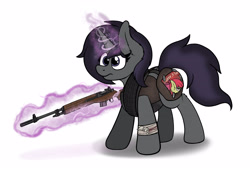 Size: 3382x2306 | Tagged: safe, artist:aaathebap, oc, oc only, oc:linx, pony, unicorn, fallout equestria, armor, bandage, fallout, gun, high res, horn, m14, magic, solo, unicorn oc, weapon