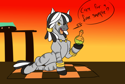 Size: 1800x1200 | Tagged: safe, artist:thescornfulreptilian, oc, oc only, zebra, them's fightin' herds, background character, bottle, community related, huoshan, solo, sultry pose