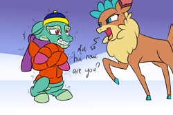 Size: 1800x1200 | Tagged: safe, artist:thescornfulreptilian, tianhuo (tfh), velvet (tfh), deer, dragon, hybrid, longma, reindeer, them's fightin' herds, clothes, community related, duo, jacket, snow, tianhuo is not amused
