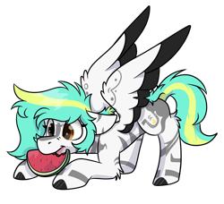 Size: 1132x1032 | Tagged: safe, artist:rokosmith26, oc, oc only, oc:rokosmith, pegasus, pony, cute, eating, female, floppy ears, food, herbivore, heterochromia, leaning, looking down, mare, markings, short hair, short mane, simple background, solo, spread wings, tail, transparent background, tribal markings, watermelon, wings