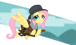 Size: 2000x1200 | Tagged: safe, artist:camo-pony, derpibooru exclusive, fluttershy, pony, g4, armor, clothes, crossbow, female, simple background, solo, white background, wings